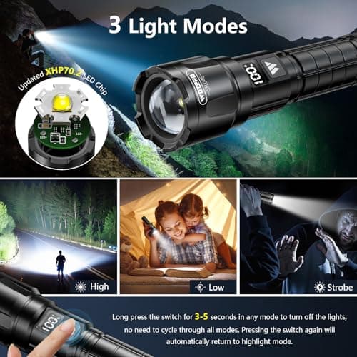 WdtPro Rechargeable Flashlights High Lumens 2Pack, Super Bright Flashlight Powerful, 3Mode Zoomable Tactical Flash Light with LCD Digital Display, Handheld LED Flashlights for Home Emergencies Camping - Thumbnail 3
