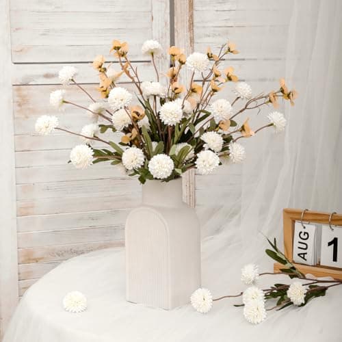 LILUYTO Faux Flowers for Vase,8 pcs Artificial Pom Pom Chrysanthemum Flowers with Wild Flowers,Spring Floral Stems Arrangements for Home Decor, Centerpieces for Tables, Rustic Decorations - Thumbnail 4