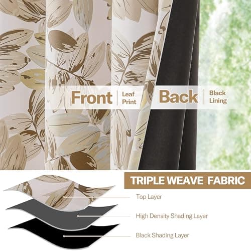 BROSHAN Beige Blackout Curtains 63 Inch Length Thermal Insulated Curtains for Bedroom Living Room - Vintage Leaf Pattern, Grommet Top Room Darkening Drapes (2 Panels, 52x63 Inches Each) - Thumbnail 5