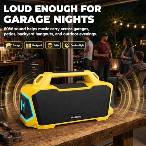 Musibaby 80W Portable Bluetooth Speaker, Loud Bass, IPX6 Waterproof, Yellow - Thumbnail 2