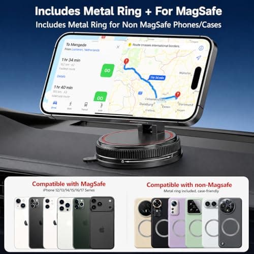 Magnetic Car Phone Holder Mount, Compatible with MagSafe, 108LBS Vacuum Suction Car Mount, 3000gf Magnetic Hold, 360° Adjustable Foldable Dashboard Windshield Phone Mount for iPhone 17-12 & Android - Thumbnail 6