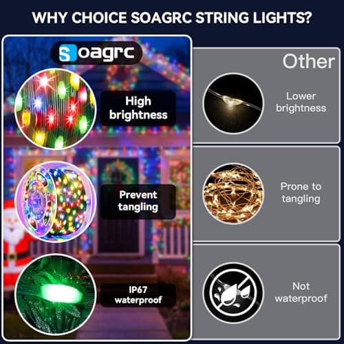 Soagrc Outdoor Christmas Lights, 400LEDs 131FT Christmas Tree String Lights, IP67 Waterproof 11 Modes Warm and Multicolor Holiday Lights with Remote for House Yard Xmas Decorations - Thumbnail 6