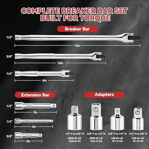 KOOPOOL 10 PC Breaker Bar Set, 3/8" 1/2" 1/4" Drive, 180° Rotatable Head - Thumbnail 2