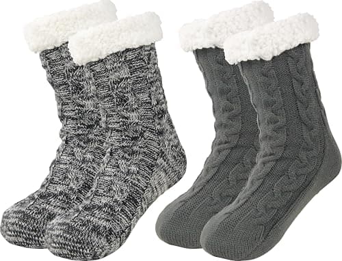 BenSorts Mens Fuzzy Slipper Socks with Grippers Indoor Lined House Home Cozy Socks Christmas Gift Stocking Stuffers 2 Packs Gray Multicolor - Image 1