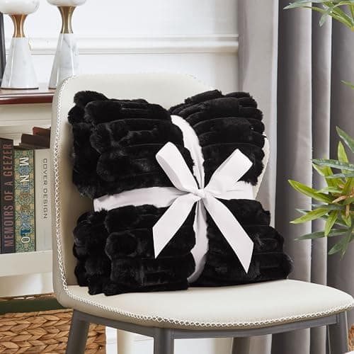 JONIYEAR Soft Fluffy Striped Faux Rabbit Fur Throw Blanket for Couch 50" x 60", Decorative 3D Geometric Warm Fuzzy Fur Blankets for Winter,Reversible Luxury Cozy Furry Blanket for Adult Bed, Black - Thumbnail 6