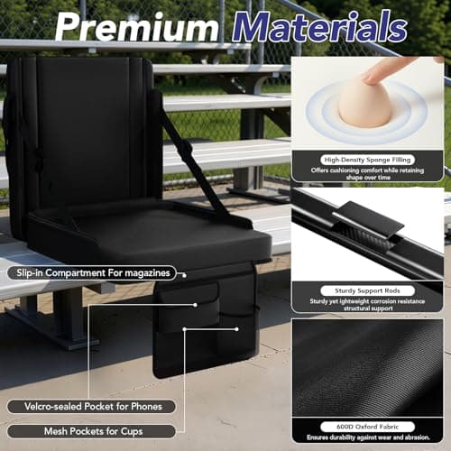 janiry Stadium Seats with Back Support 1PACK Adjustable Bleacher Chairs with Back and Cushion Bleacher Seat with Cup Holder, Carry Handle & Shoulder Strap for Outdoor Sports Events, Picnics, Black - Thumbnail 5
