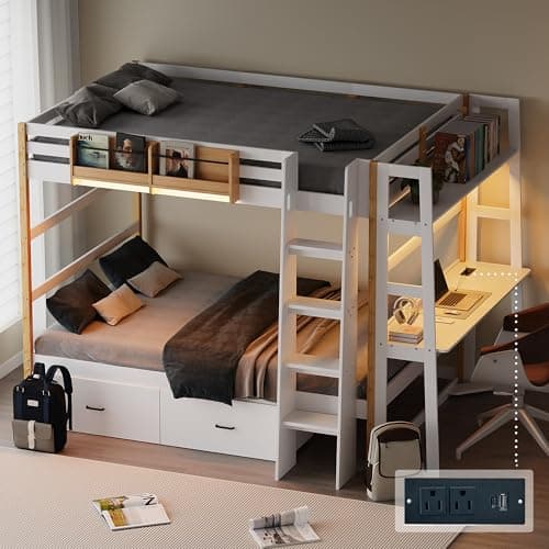 Kikihouse Wooden Twin Over Twin Bunk Bed with Desk, Charging Station and LED Lights, Convertible Solid Wood Frame with Ladders and Drawers, Sturdy Wood Bunk Bed for Kids, Space-Saving (Twin over Twin) - Image 1