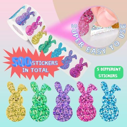 Oeyliz Easter Bunny Stickers Roll Easter Glitter Bunny Stickers Sparkly Colorful Rabbit Pattern Decals Easter Rabbit Adhesive Decal for Envelope Cards Gift Decor Holiday DIY Craft 500 PCS - Thumbnail 3