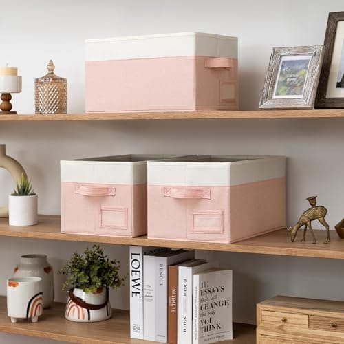 GRANNY SAYS Storage Baskets for Organizing, Fabric Storage Bins for Shelves, Closet Storage Boxs, Clothing Storage and Organization, Decorative Storage Bins, Pink&Ivory, Medium, 3-Pack - Thumbnail 4