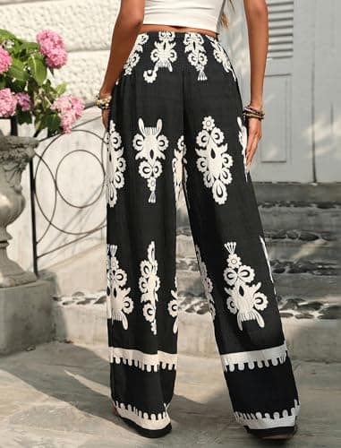 ZAFUL Boho Pants for Women Floral High Waisted Wide Leg Palazzo Pants Summer Trendy Casual Lounge Pants Women Vacation Black S - Thumbnail 2