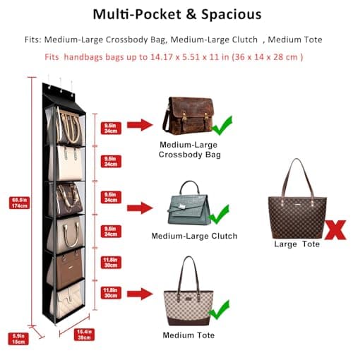 Lirex Over The Door Purse Organizer & Purse Shelf for Closet – Handbag Storage Organizer with Purse Hanger. Perfect for Scarves, Hats, and Leggings. L (15.7'' x 5.7'' x 68''), Black - Thumbnail 2