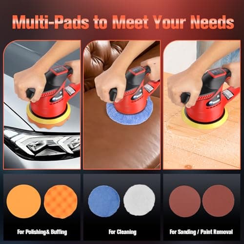 ENON Cordless Car Buffer Polisher Kit（2X 2000mAh 12V Batteries&34 PCS Attachments）- Brushless Dual Action Random Orbital Polishing with 6-Speed 6000RPM for Auto Detailing, Waxing & Paint Correction - Thumbnail 6
