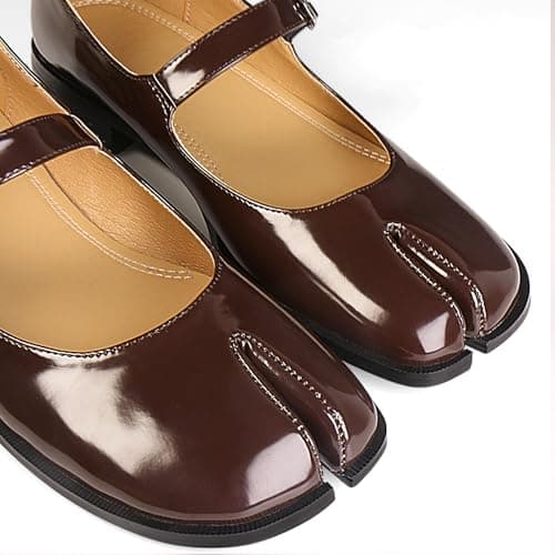 VOZTOLLS Mary Jane Flats Women Tabi Split Toe Low Block Heel Mary Jane Pumps Comfortable Casual Walking Dress Party Flats Shoes Dark Brown Size 9.5 - Thumbnail 5