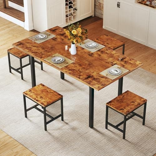 HUAHUU Dining Table Set for 4, Extendable Kitchen Table Chairs Set of 4, Rectangle Dining Table with Metal Frame & MDF Board, Folding for Small Apartment Saving Space, Rustic Brown - Image 1