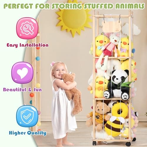 TOMSHUB Stuffed Animal Storage & Organizer, 54 inch Tall Wooden Cute Zoo Toy Holder with Building Block Storage Bag, Space Save Toy Holder with Elastic Cord for Toddler Rooms, Playrooms & Bedrooms - Thumbnail 4