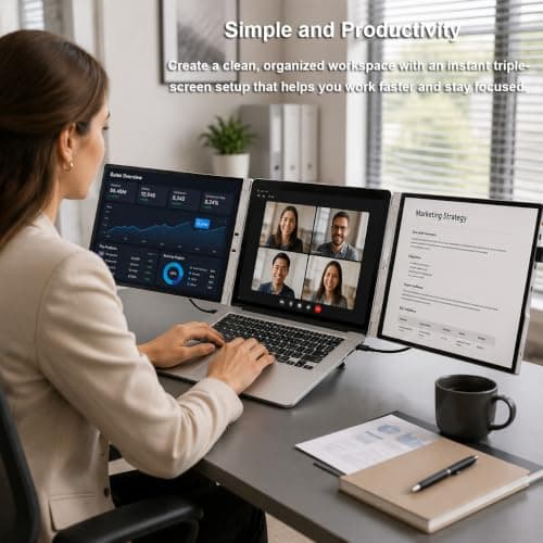 CZGG 15'' Portable Laptop Screen Extender - Triple Monitor Setup, Dual 1080P FHD Displays, Aluminum Travel Monitor Multi Screen Attachment for 13.3-16.5'' Laptop with USB-C HDMI - Thumbnail 2