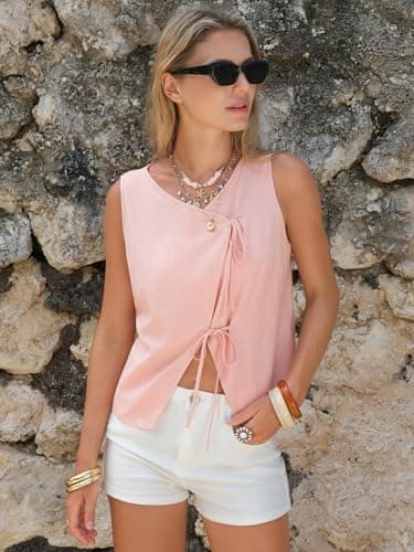 EXLURA Womens Linen Tank Tops Summer Trendy V Neck Vest Casual Tie Front Shirt Cute Spring Beach Vacation Outfits 2026 Pink - Thumbnail 2