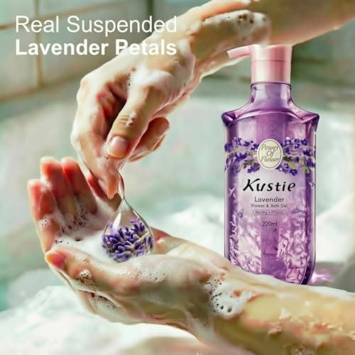 Kustie Lavender Floral Body Wash with Real Petals – Aromatherapy Botanical Shower Gel with Tea Tree Oil, Spa Cleanser for Balanced Skin, 16.9 fl oz - Thumbnail 2