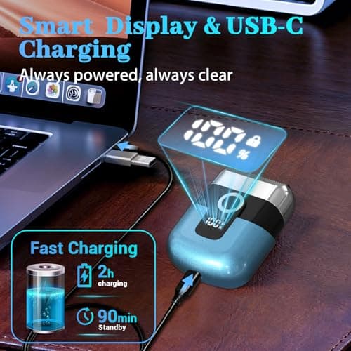 HENZILO Electric Foil Shaver for Men: Mini Electric Razor for Face/Beard - 3 Floating Blades Cordless Razor with LED Display - IPX7 Waterproof Wet Dry Shaving for Travel & Home, USB Type C - Thumbnail 6