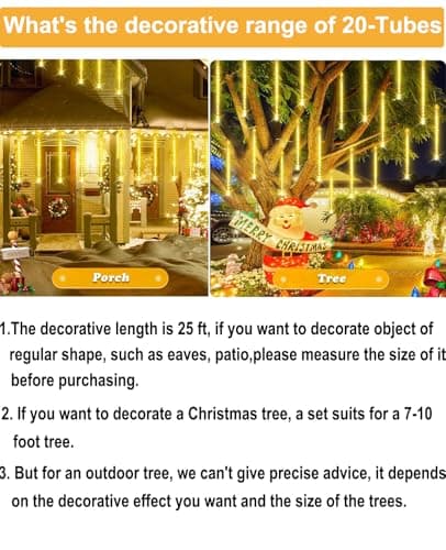 Christmas Lights Outdoor,16 Inch 20 Tubes Meteor Shower Light Falling Rain Drop String Lighting Icicle Snow Cascading Xmas String Decor for Tree Wedding Party Garden Holiday Decoration,Warm White - Thumbnail 3