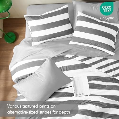 Regency Heights Reversible Striped Queen Comforter Set, Soft Microfiber Bedding Set with Double-Sided Stripes Design, Warm & Cozy for All-Seasons, 3-Piece Comforter and Shams Set Queen Size, Charcoal - Thumbnail 2