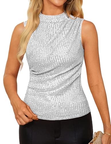 Club Party Top Shirts for Women Glitter Sparkly Sequin Sleeveless Cami Crop Vest Shimmer Tank Tops Silver White X-Large - Image 1