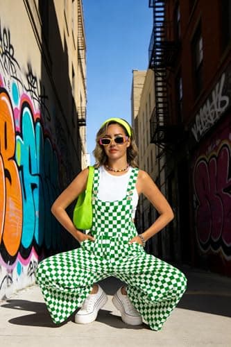 IWOLLENCE Women's Casual Loose Checkered Overalls Summer Wide Straight Leg Jumpers and Rompers Y2K Plaid Sleeveless Jumpsuits with Pockets Beach Vacation Outfits Green White, L - Thumbnail 6