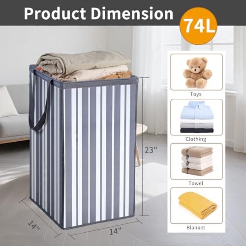Laundry Basket，74L Laundry Hamper Large Collapsible,Durable, Waterproof & Space-Saving Storage for Clothes, Toys, blankets (Gray Striped, 2PCS) - Thumbnail 2