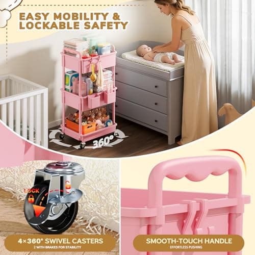 Goovilla Diaper Cart with Lockable Wheels and Easy Assembly, 3 Tier Pink Rolling Cart for Baby Nursery Storage, Sturdy Ample Diaper Caddy Organizer for Baby Girl, Boy, New Mom, Newborn Essentials - Thumbnail 5