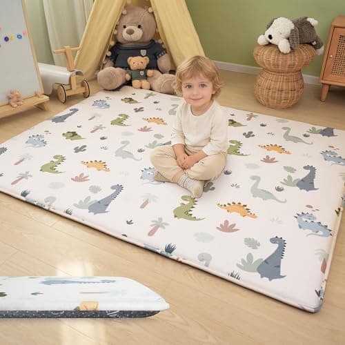 PaPaMat 1.5" Thick Premium Baby Floor Play Mat, 71x59 Over-Sized Padded Memory Foam Mat, Tummy Time Crawling Playmat for Nursery Kids Playroom, Dinosaurs - Image 1