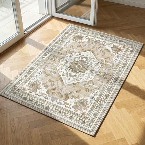 Cnythlis Washable Small Area Rug 2'x3’, Non Slip Kitchen Entryway Rug, Water-Resistant, Pet Friendly Floor Mat for Indoor, 0.26" Low Pile, Beige & Ivory - Image 1