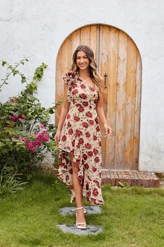 GRACE KARIN Women 2026 Summer One Shoulder Dresses High Waist Floral Flowy Boho Smocked Wedding Guest Maxi Sundress - Thumbnail 2