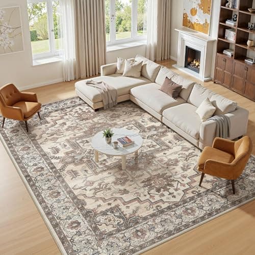 Jessibou 8x10 Area Rugs Living Room: Washable Vintage Rug Large Non-Slip Stain Resistant Ultra Soft Low Pile Pet Kids Friendly Carpets for Bedroom Dining Room Nursery Home Office Decor - Light Brown - Thumbnail 4