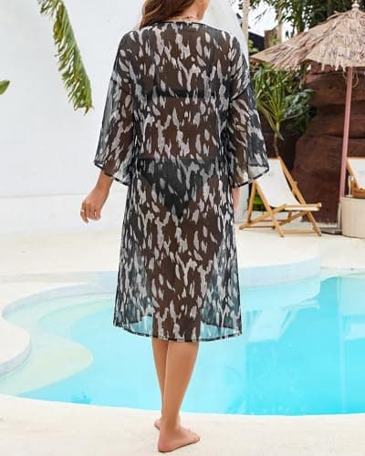 Bsubseach Long Kimonos for Women Sheer Tie Front Relaxed Flared Sleeve Kimono Cardigans Swimsuit Coverup Vacation Outfits Black Leopard M - Thumbnail 6