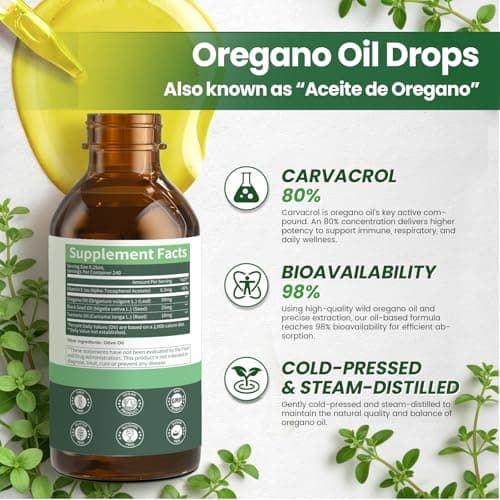 Oil of Oregano Drops with Black Seed Oil, Turmeric Oil, Vitamin E & Olive Oil Based, Immune Digestive Cleanse & Detox*, 80% Carvacrol Cold-Pressed Natural Aceite de Oregano, 2 Fl Oz, 8 Month Supply - Thumbnail 6
