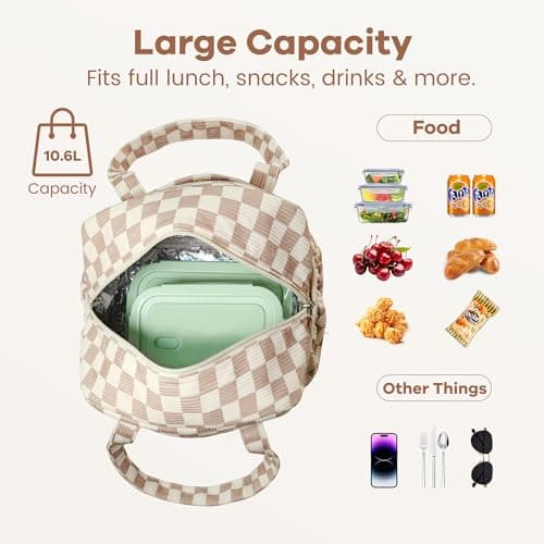 Yarnic Lunch Bag Women Insulated, Large Corduroy Lunch Box for Work with Bottle Pockets, Stylish Reusable Cooler Tote for Adults Teachers Picnic (Checkered Brown) - Thumbnail 3