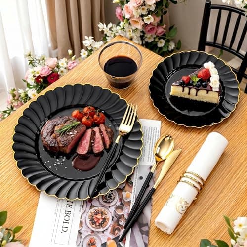 Ciaell 175 PCS Black Scalloped Plastic Plates with Gold Trim - Black Plastic Silverware with Handle - Fancy High-End Dinnerware Sets for Wedding & Party - Thumbnail 3