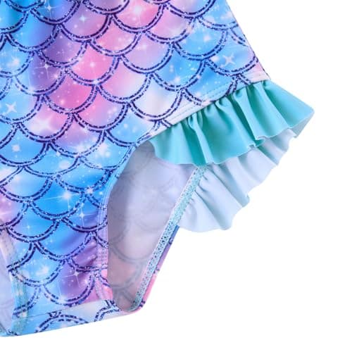 Funnycokid 3T 4T Swimsuit Kids Little Girls Mermaids Blue Bathing Suit Ruffle Rashguard Sets Swimwear Sun Protection Long Sleeve 3 Piece Swimming - Thumbnail 5