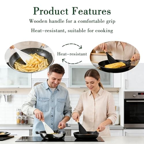 Silicone Cooking Spoon for Nonstick Cookwares - Heat Resistant Silicone Spatula & Serving Spoon, BPA-Free Wood Handle Spoon for Mixing Scoop Scrape, Kitchen Utensils Set Alternative(Black+White) - Thumbnail 6