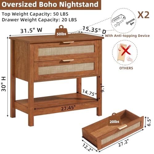 LEYAOYAO 31.5" Wide Rattan Night Stand, Oversized Large Boho Nightstand with 2 Drawer, Tea Brown Bed Side End Tables with Storage Shelf, Tall Bedside Table for Bedroom Living Room, Hallway - Thumbnail 2