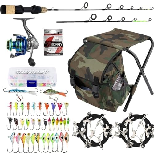 QualyQualy Ice Fishing Rod Reel Combo Complete Set Ice Fishing Gear with Backpack Seat Ice Cleats Ice Fishing Jigs Line Full Ice Fishing Kit - Image 1