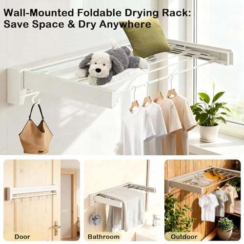 UBVIF Wall Mounted Clothes Drying Rack 27 inches,Foldbale Laundry Drying Rack 6 Rods,Hidden Drying Rack Clothing,Retractable,Collapsible,Screws Needed Folding Laundry Rack (White, Medium) - Thumbnail 4