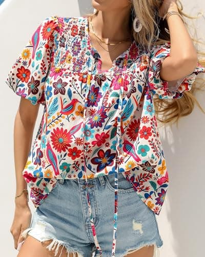KIRUNDO Boho Tops for Women Summer 2026 Dressy Floral Blouse V Neck Drawstring Short Sleeve Shirts Beach Vacation Clothes(White Multicolored, X-Large) - Thumbnail 4