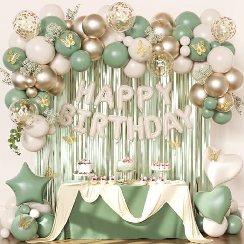 Sage Green Birthday Decorations with Happy Birthday Banner Sage Green Biege Gold Balloons Confetti Foil Balloons Gold Butterfly Fringe Curtains, Green Birthday Party Decorations for Women Girls - Image 1