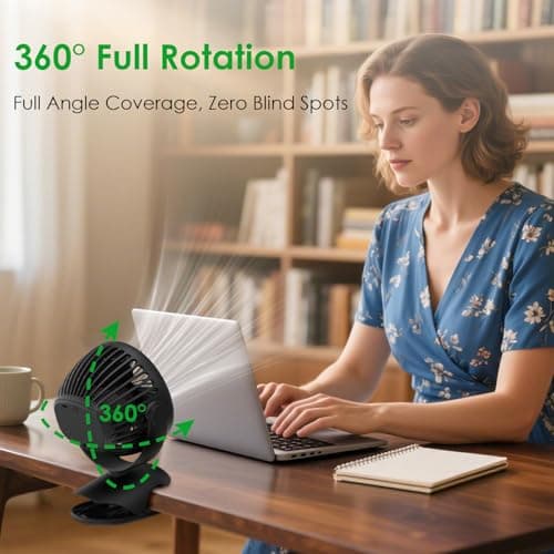 Minthouz Clip on Fan 8000mAh, USB-C Rechargeable Personal Desk Fan, 4 Speed Adjustable 360° Rotation Clamp Fan, Portable Mount Fan for Indoor & Outdoor, Office, Gym, Treadmill, Camping, Golf Cart - Thumbnail 3