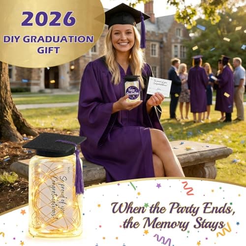 9 Pcs Graduation Centerpieces for Tables with LED Lights, Class of 2026 Graduation Tables Decorations, Mason Jar Style Table Decor with String Lights, Caps, Notes Cards, Stickers & Adhesive Spots - Thumbnail 4
