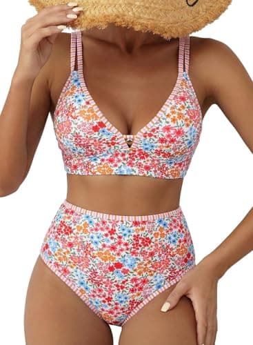 Herseas Women's 2 Piece High Waisted Bikini Sets V Neck Striped Stitch Removable Pad Swimsuits Ditsy Floral Print Flattering Bathing Suit Beach Summer Outfits 2026 Multicolor Floral Medium - Image 1