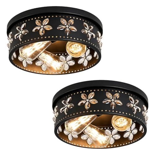 Glintawn 12.6 inch Black Flush Mount Ceiling Light Fixture, 3-Light Farmhouse Ceiling Light, Flower Ceiling Light Fixtures for Kitchen, Bedroom, Living Room, Entryway, Hallway, Foyer (2-Pack)