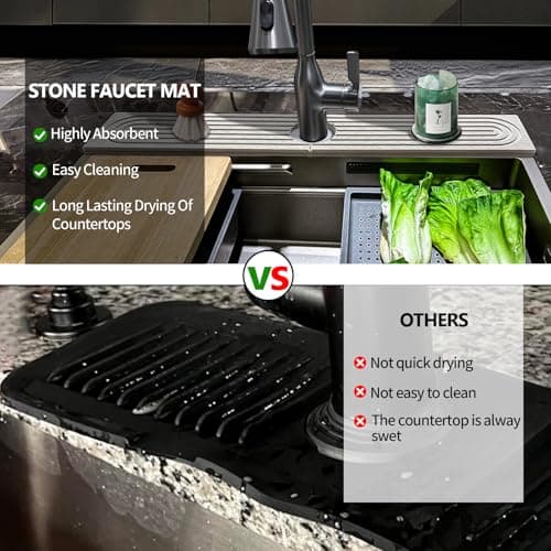 Faucet Mat For Kitchen Sink, 20" Diatomite Absorbent Faucet Mat, Sink Stone Quick Dry Around Faucet, Super Absorbent, Sink Splash Guard For Kitchen Counter (Light Gray) - Thumbnail 5