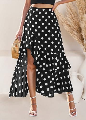 BTFBM Women 2026 Spring Summer Long Skirts Dress Boho Floral Elastic Waist Split Ruffle High Low Beach Maxi Skirt Clothes(Polka Dot Black, X-Large) - Thumbnail 3
